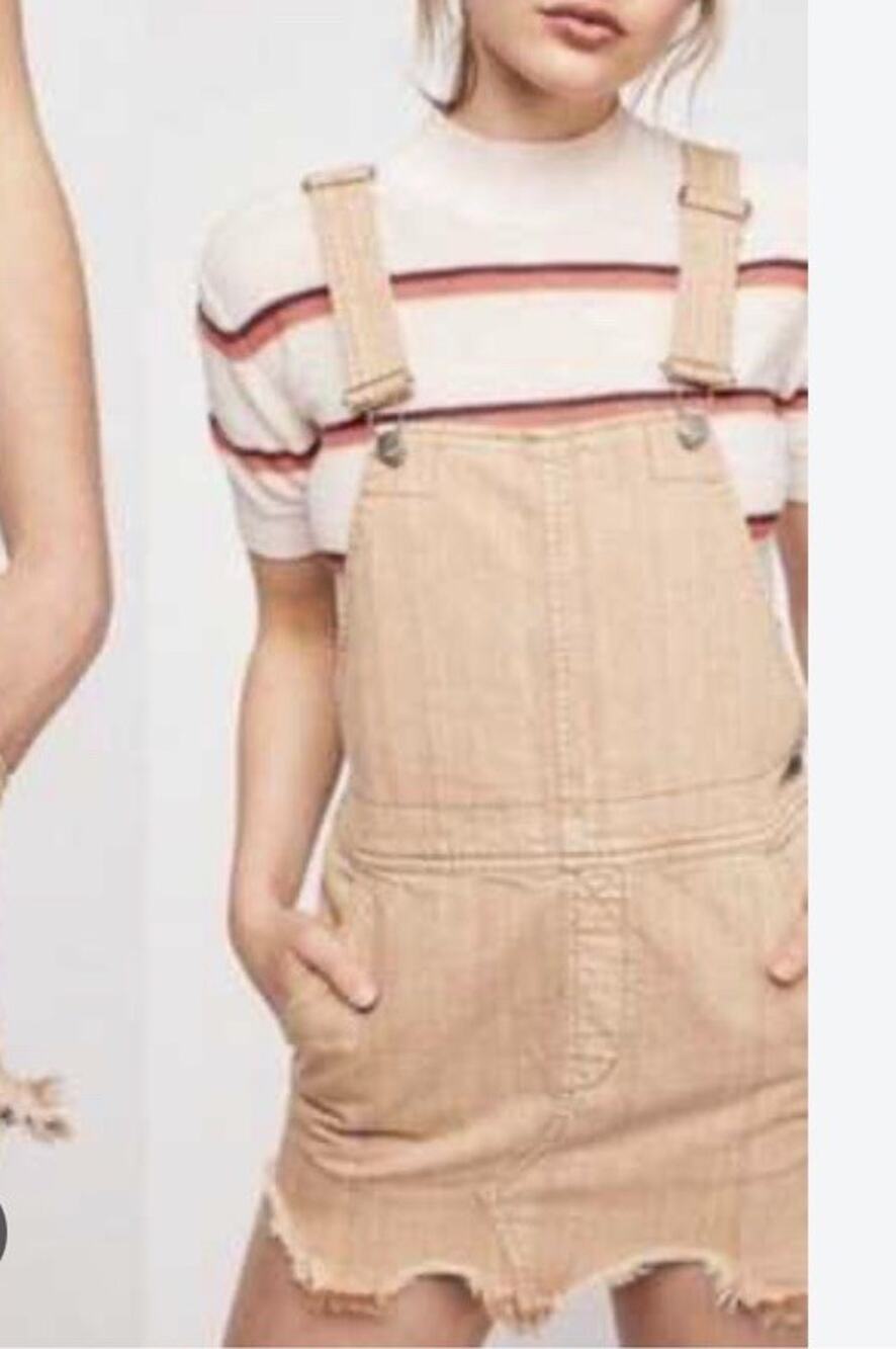 Free People Camel Tan Torn Up Jumper Overall Mini Dress Denim Bib Hem Boho Sz 2